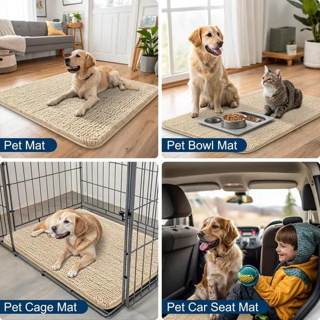 Alt view image 6 of 7 - Dog Door Mat for Muddy Paws 30x20, Absorbent Dirt Trapper, Non-Slip Washable Chenille Entryway Rug for Inside Floor, Beige, Classic Solid
