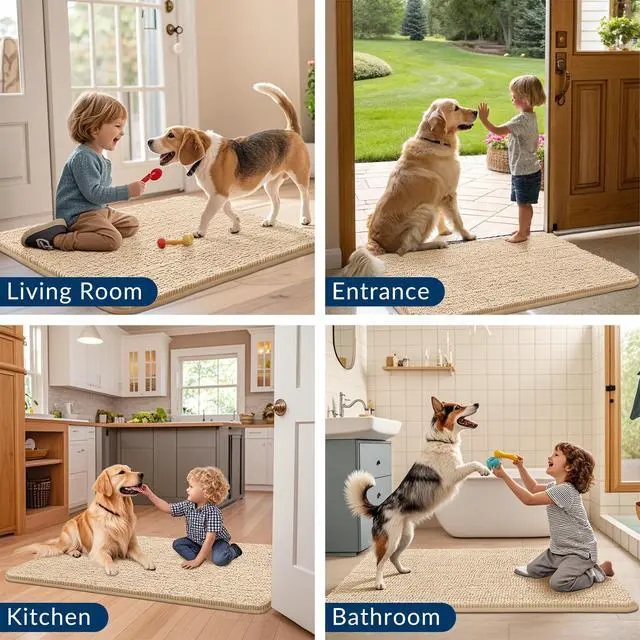 Alt view image 7 of 7 - Dog Door Mat for Muddy Paws 30x20, Absorbent Dirt Trapper, Non-Slip Washable Chenille Entryway Rug for Inside Floor, Beige, Classic Solid