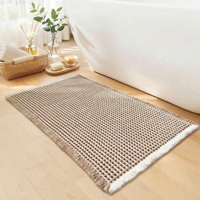 Main image of Waffle Bath Mat - Boho Bathroom Rugs Non Slip Washable, Super Absorbent & Quick Dry, Small Bath Mats Farmhouse Bathroom Decor, 18'' x 30'', Khaki and White