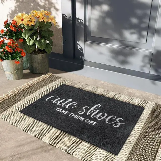 Alt view image 6 of 7 - Welcome Mat Outdoor Entryway Cute Shoes Take Them Off Mats for Front Door with Rubber Backing Doormat All-Weather Indoor Mat Polystyrene Non Slip Natural Mat Black