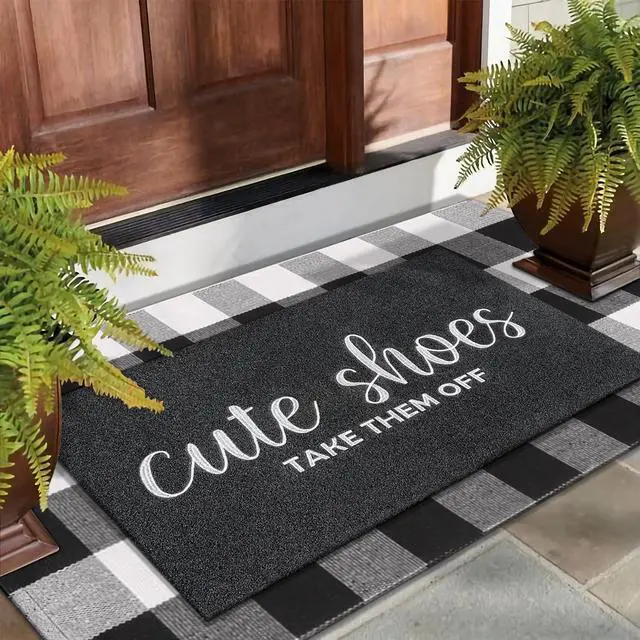Alt view image 4 of 7 - Welcome Mat Outdoor Entryway Cute Shoes Take Them Off Mats for Front Door with Rubber Backing Doormat All-Weather Indoor Mat Polystyrene Non Slip Natural Mat Black