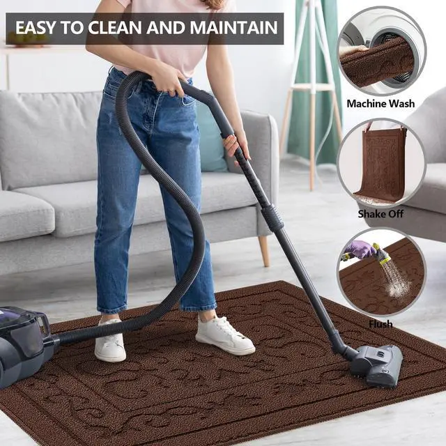 Alt view image 5 of 7 - Indoor Door Mat for Entryway 24" x 36", Absorbent Dirt Trapper Doormat with Non-Slip Backing, Low Profile Washable Entry Rug for Front Door, Muddy Shoes & Dog Paws, Coffee