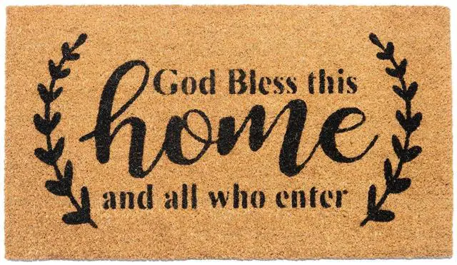 Main image of Welcome Doormats, Natural Coco Coir Mats with Non-Slip PVC Backing, Indoor Outdoor Mats for Home & Office, Mats for Door with God Bless This Home Print, Beige & Black, 30"x17"