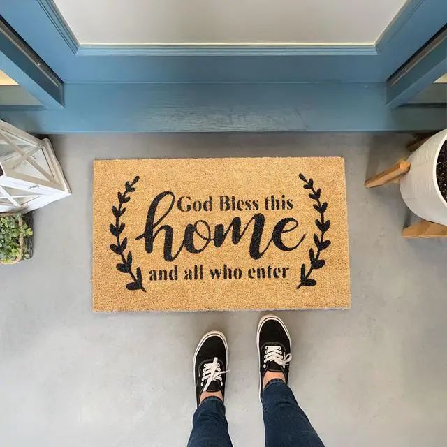 Alt view image 3 of 7 - Welcome Doormats, Natural Coco Coir Mats with Non-Slip PVC Backing, Indoor Outdoor Mats for Home & Office, Mats for Door with God Bless This Home Print, Beige & Black, 30"x17"