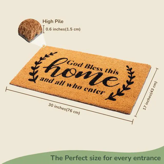Alt view image 2 of 7 - Welcome Doormats, Natural Coco Coir Mats with Non-Slip PVC Backing, Indoor Outdoor Mats for Home & Office, Mats for Door with God Bless This Home Print, Beige & Black, 30"x17"