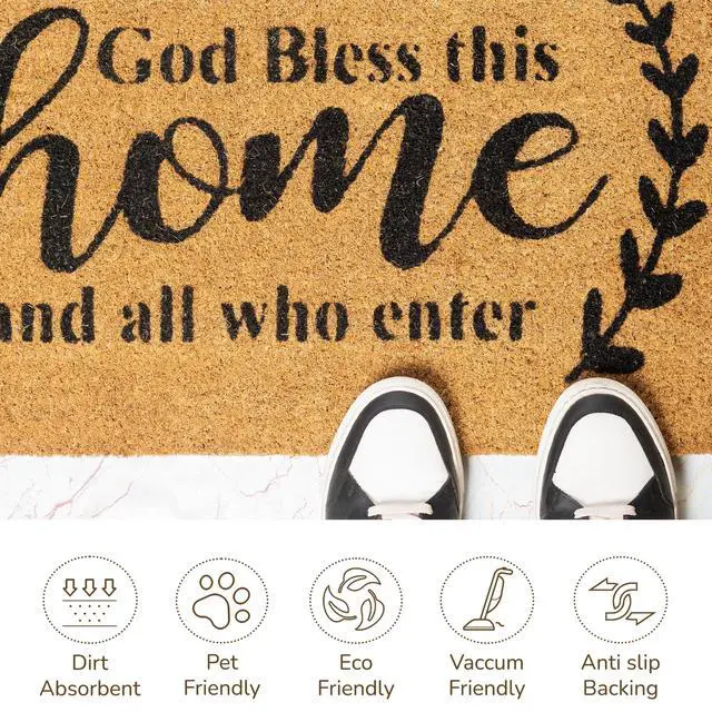 Alt view image 4 of 7 - Welcome Doormats, Natural Coco Coir Mats with Non-Slip PVC Backing, Indoor Outdoor Mats for Home & Office, Mats for Door with God Bless This Home Print, Beige & Black, 30"x17"