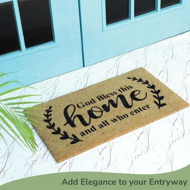 Alt view image 6 of 7 - Welcome Doormats, Natural Coco Coir Mats with Non-Slip PVC Backing, Indoor Outdoor Mats for Home & Office, Mats for Door with God Bless This Home Print, Beige & Black, 30"x17"