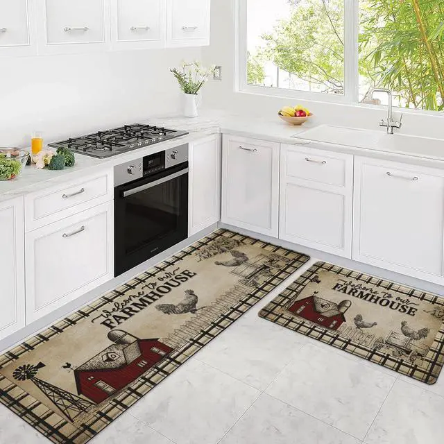 Alt view image 2 of 7 - Farmhouse Kitchen Rugs Anti Fatigue 2 Piece,Washable Non-Skid Kitchen Mat,Farmhouse Rooster Kitchen Floor MatPVC Cushioned Kitchen Floor Mats, Size 18'' x 30''+18" x 48"