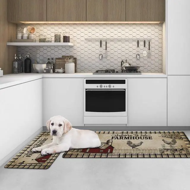 Alt view image 7 of 7 - Farmhouse Kitchen Rugs Anti Fatigue 2 Piece,Washable Non-Skid Kitchen Mat,Farmhouse Rooster Kitchen Floor MatPVC Cushioned Kitchen Floor Mats, Size 18'' x 30''+18" x 48"