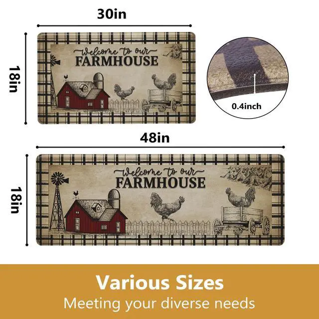 Alt view image 3 of 7 - Farmhouse Kitchen Rugs Anti Fatigue 2 Piece,Washable Non-Skid Kitchen Mat,Farmhouse Rooster Kitchen Floor MatPVC Cushioned Kitchen Floor Mats, Size 18'' x 30''+18" x 48"