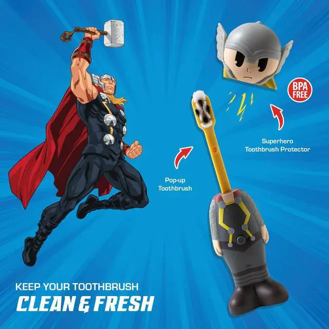Alt view image 2 of 7 - Marvel Thor Kids Toothbrush Soft Rounded Bristles Poppin' Fun Superhero Toothbrush Cover Easy Grip Handle Gentle Cleaning for Toddlers & Kids Ages 2+ Travel Friendly Oral Care
