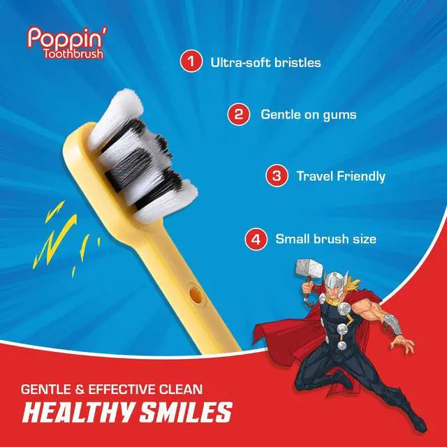 Alt view image 5 of 7 - Marvel Thor Kids Toothbrush Soft Rounded Bristles Poppin' Fun Superhero Toothbrush Cover Easy Grip Handle Gentle Cleaning for Toddlers & Kids Ages 2+ Travel Friendly Oral Care