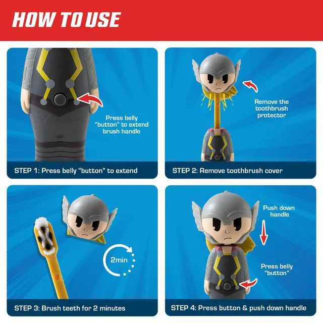 Alt view image 6 of 7 - Marvel Thor Kids Toothbrush Soft Rounded Bristles Poppin' Fun Superhero Toothbrush Cover Easy Grip Handle Gentle Cleaning for Toddlers & Kids Ages 2+ Travel Friendly Oral Care