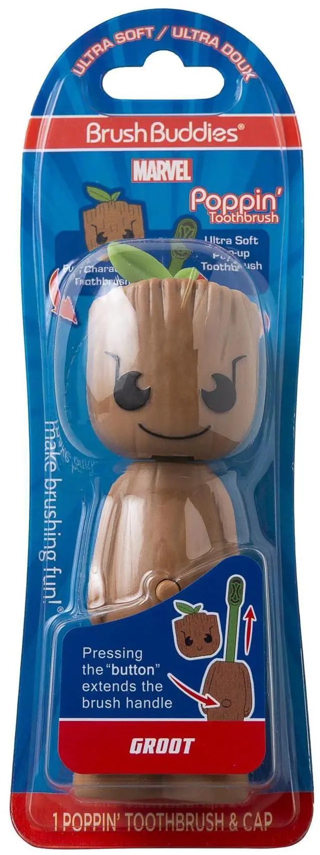 Main image of Marvel Groot Kids Toothbrush Soft Rounded Bristles Poppin' Fun Superhero Toothbrush Cover Easy Grip Handle Gentle Cleaning for Toddlers & Kids Ages 2+ Travel Friendly Oral Care