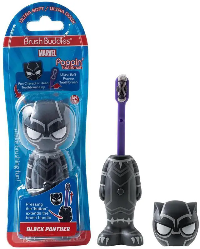 Main image of Marvel Black Panther Kids Toothbrush Soft Rounded Bristles Poppin' Fun Superhero Toothbrush Cover Easy Grip Handle Gentle Cleaning for Toddlers & Kids Ages 2+ Travel Friendly Oral Care