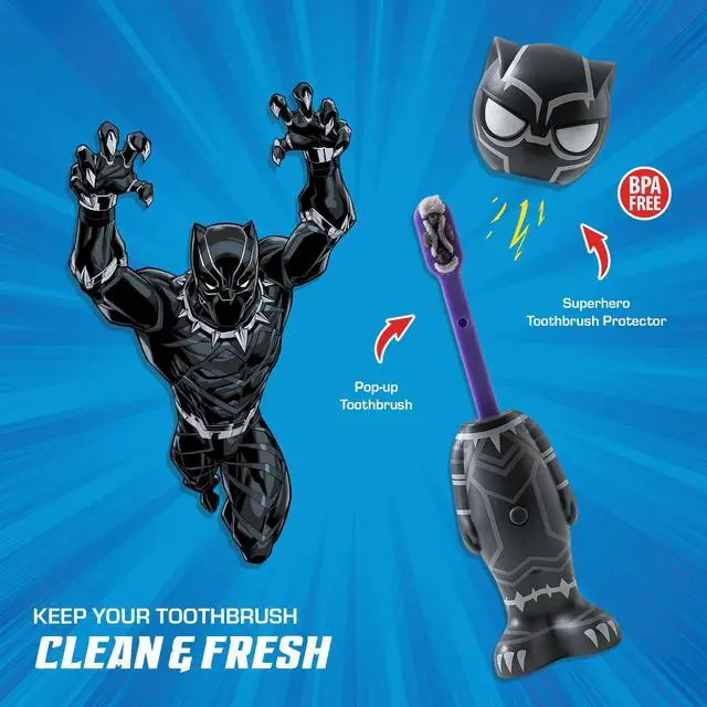Alt view image 2 of 7 - Marvel Black Panther Kids Toothbrush Soft Rounded Bristles Poppin' Fun Superhero Toothbrush Cover Easy Grip Handle Gentle Cleaning for Toddlers & Kids Ages 2+ Travel Friendly Oral Care