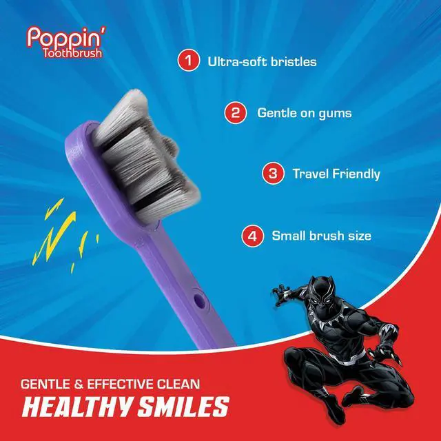 Alt view image 5 of 7 - Marvel Black Panther Kids Toothbrush Soft Rounded Bristles Poppin' Fun Superhero Toothbrush Cover Easy Grip Handle Gentle Cleaning for Toddlers & Kids Ages 2+ Travel Friendly Oral Care