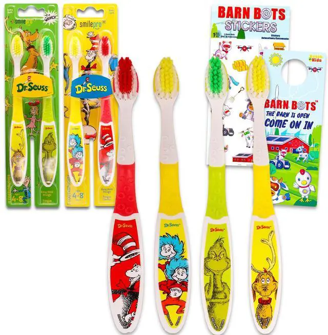 Main image of Oral Care Traveling Kit for Kids - Bundle with 4 Toothbrushes Featuring Cat in The Hat & Grinch Plus Stickers for Boys, Girls, Toddlers | Dr. Seuss Toothbrush Set