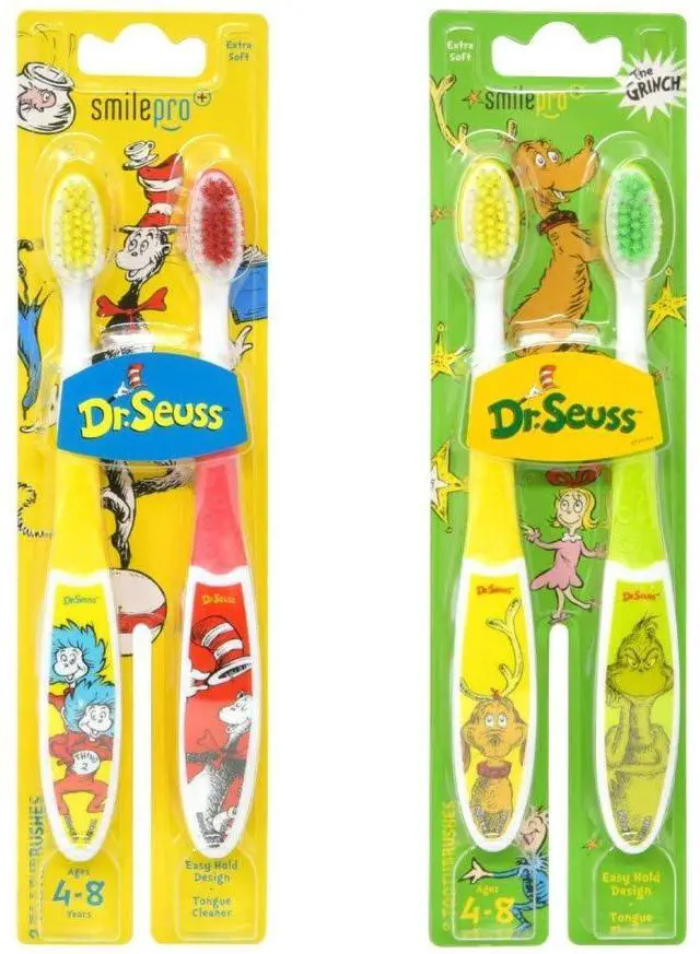 Alt view image 2 of 5 - Oral Care Traveling Kit for Kids - Bundle with 4 Toothbrushes Featuring Cat in The Hat & Grinch Plus Stickers for Boys, Girls, Toddlers | Dr. Seuss Toothbrush Set