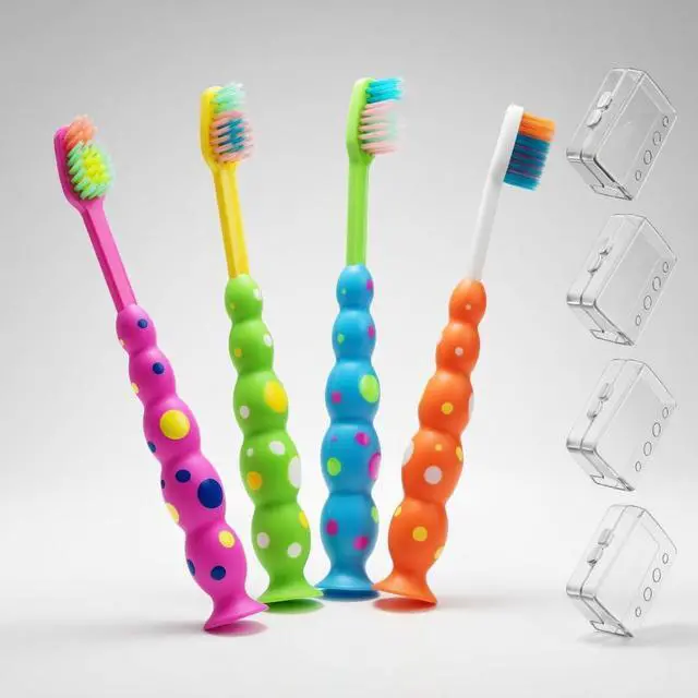 Main image of Toddler/Kids Toothbrush 4 Pack - Soft Flossing Bristles & Suction Cup Base for Fun Storage - Child Sized Head for Ages 3-10 - Individually Wrapped Travel Brush with Cover - BPA-Free, 4 Colors