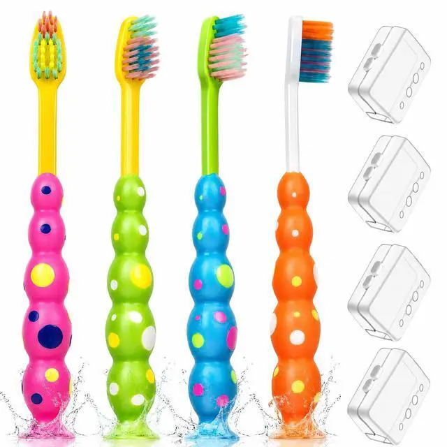 Alt view image 2 of 6 - Toddler/Kids Toothbrush 4 Pack - Soft Flossing Bristles & Suction Cup Base for Fun Storage - Child Sized Head for Ages 3-10 - Individually Wrapped Travel Brush with Cover - BPA-Free, 4 Colors