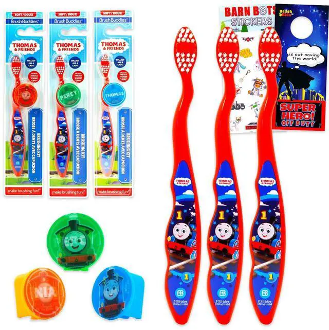Main image of Toothbrush Kit for Kids - Bundle with 3 Train Toothbrushes with Collectible Caps Plus Stickers for Kids, Boys, Toddlers |Toothbrush Set
