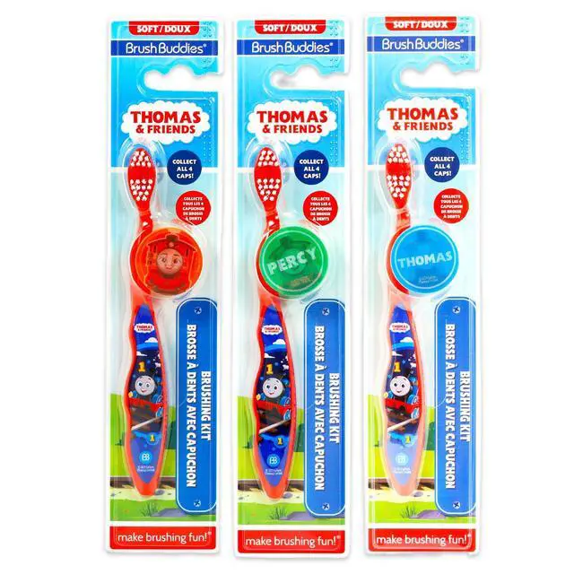 Alt view image 3 of 5 - Toothbrush Kit for Kids - Bundle with 3 Train Toothbrushes with Collectible Caps Plus Stickers for Kids, Boys, Toddlers |Toothbrush Set
