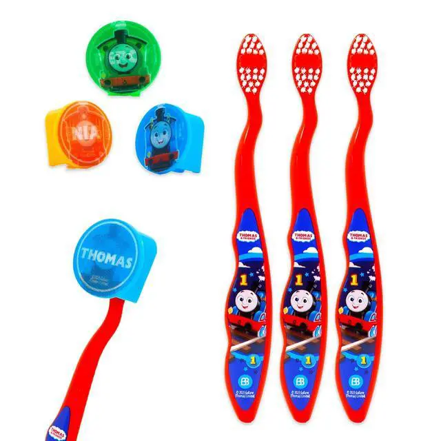 Alt view image 2 of 5 - Toothbrush Kit for Kids - Bundle with 3 Train Toothbrushes with Collectible Caps Plus Stickers for Kids, Boys, Toddlers |Toothbrush Set