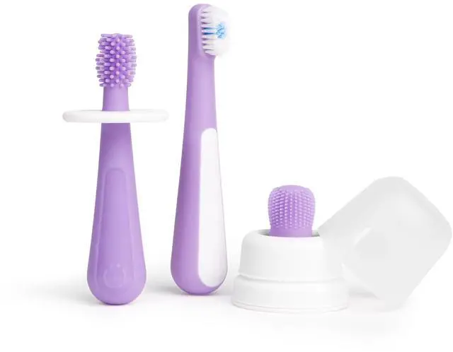 Main image of Grow with Me Toothbrush Training Set for Babies and Toddlers, Includes Silicone Finger Brush, 360° and Soft Bristled Toothbrush, Smoothie Purple