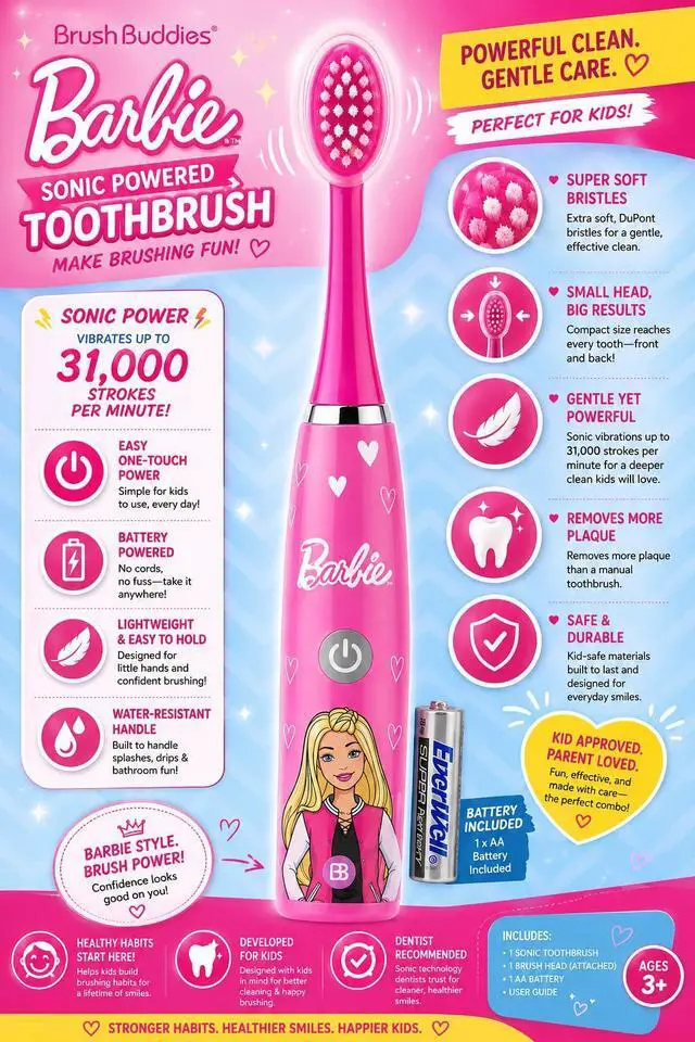 Alt view image 2 of 7 - Barbie Battery Operated Electric Toothbrush for Kids Soft Bristles & Sonic Power Perfect for Boys, Girls, and Childrens Oral Hygiene