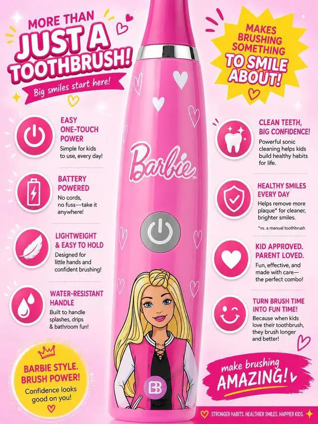 Alt view image 4 of 7 - Barbie Battery Operated Electric Toothbrush for Kids Soft Bristles & Sonic Power Perfect for Boys, Girls, and Childrens Oral Hygiene