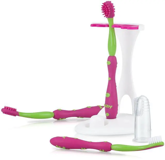 Main image of 4 Stage Toothbrush for Kids - Oral Care Set System - 3 Pack - Baby Toothbrush for 0-6 Months - Pink/Green