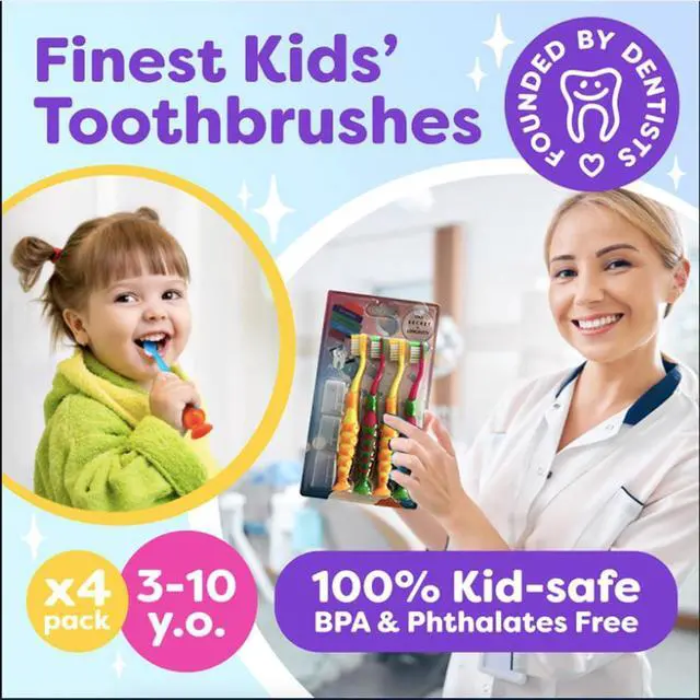Alt view image 4 of 4 - 4 Pack BPA Free Extra Soft Kids Childrens Toddler Girls Boys Child Toothbrush Set Easy Grip (3-8 Year Old)