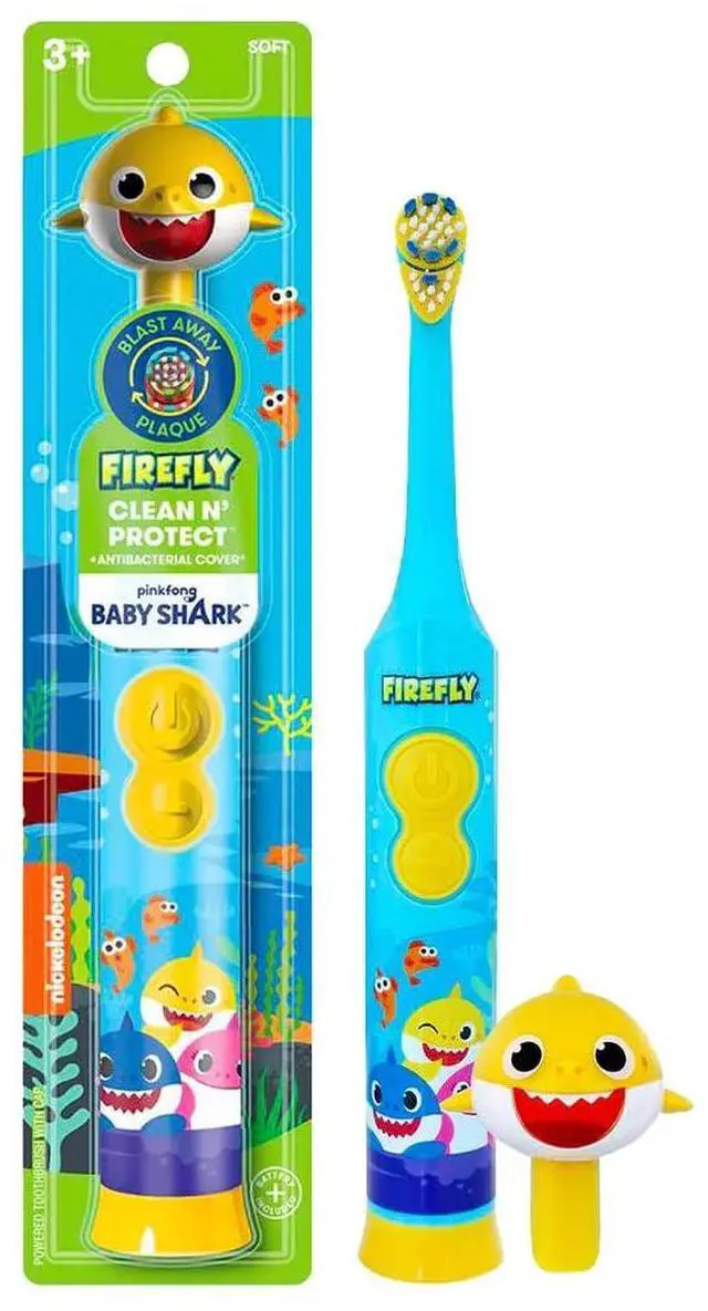 Main image of FIREFLY Clean N' Protect Baby Shark Power Toothbrush, Battery, Ages 3+ | Makes Brushing Fun with a 3D Character Cover & Anti-Slip Grip Handle, Cleans Gently with Soft Bristles, Battery Included