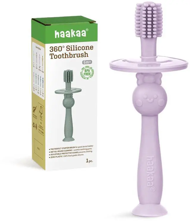Main image of 360° Baby Toothbrush with Suction Base - Gentle Cleaning for Infant Self-Brushing Training, Sorft Food-Grade Silicone, Baby Teething Relief - Lavender, 1 Count