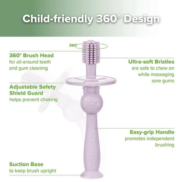 Alt view image 4 of 7 - 360° Baby Toothbrush with Suction Base - Gentle Cleaning for Infant Self-Brushing Training, Sorft Food-Grade Silicone, Baby Teething Relief - Lavender, 1 Count