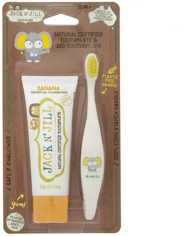 Main image of Baby & Toddler Toothbrush and Toothpaste Set - Non Toxic Kids Toothbrush, Extra Soft Bristles, Suitable from First Tooth - 1 Oral Care Brush and 1 Banana Fluoride Free Toothpaste