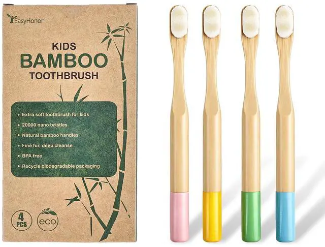 Main image of 4 Pack Kids Bamboo Toothbrushes, 10,000 Ultra-Soft Bristles Natural Wooden Toddler Toothbrush Set, Gentle on Gums for Children Ages 3+