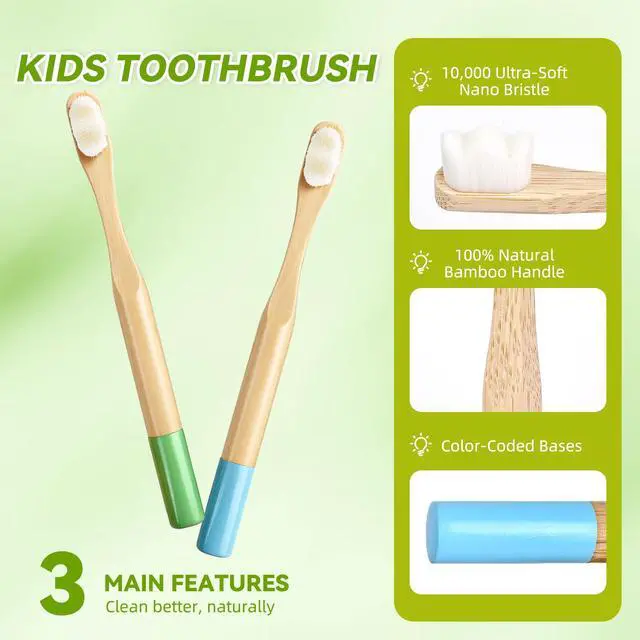 Alt view image 3 of 7 - 4 Pack Kids Bamboo Toothbrushes, 10,000 Ultra-Soft Bristles Natural Wooden Toddler Toothbrush Set, Gentle on Gums for Children Ages 3+
