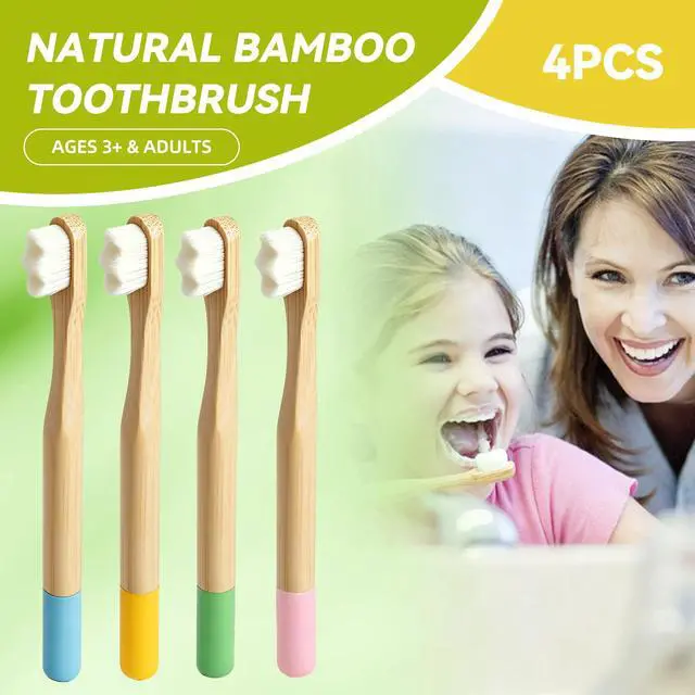 Alt view image 2 of 7 - 4 Pack Kids Bamboo Toothbrushes, 10,000 Ultra-Soft Bristles Natural Wooden Toddler Toothbrush Set, Gentle on Gums for Children Ages 3+