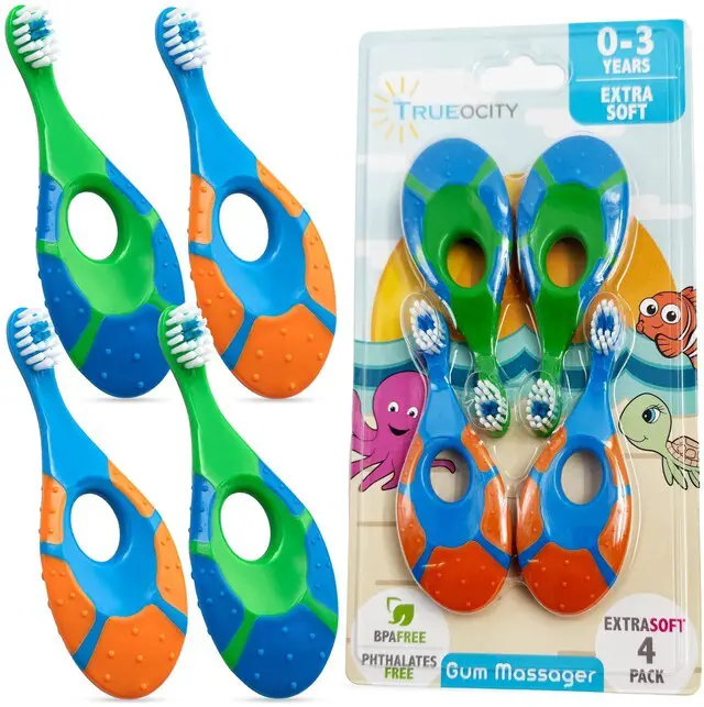 Main image of Baby Toothbrush 12 months and up - Toddler Toothbrush - Soft Bristles - Child Sized Brush Heads - infant toothbrush - Kids Tooth Brush - Easy Storage - BPA Free - Boy Set (4-Pack, Green, Orange, Blue)
