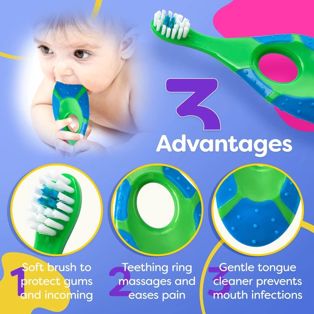 Alt view image 2 of 6 - Baby Toothbrush 12 months and up - Toddler Toothbrush - Soft Bristles - Child Sized Brush Heads - infant toothbrush - Kids Tooth Brush - Easy Storage - BPA Free - Boy Set (4-Pack, Green, Orange, Blue)