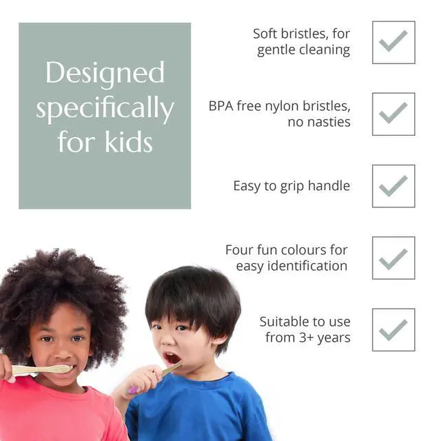 Alt view image 2 of 5 - Organic Children's Bamboo Toothbrush | 4 Pack Candy Colour | Soft Fibre Bristles | 100% Biodegradable Handle | BPA Free | Vegan Eco Friendly Kids Toothbrushes