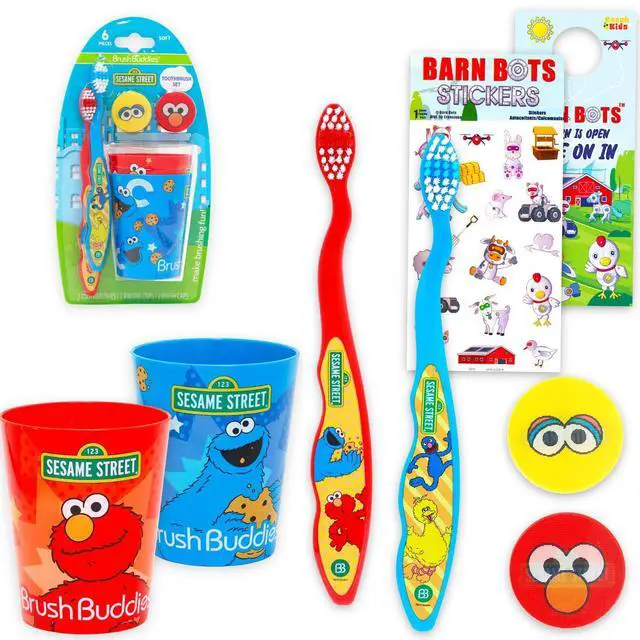 Main image of Toothbrush and Cup 2 Pk for Kids - 6 Pc Bundle with Big Bird Toothbrushes, Cookie Monster Cups, Stickers, More for Boys, Girls, Toddlers | Toothbrush Set (Styles May Vary)