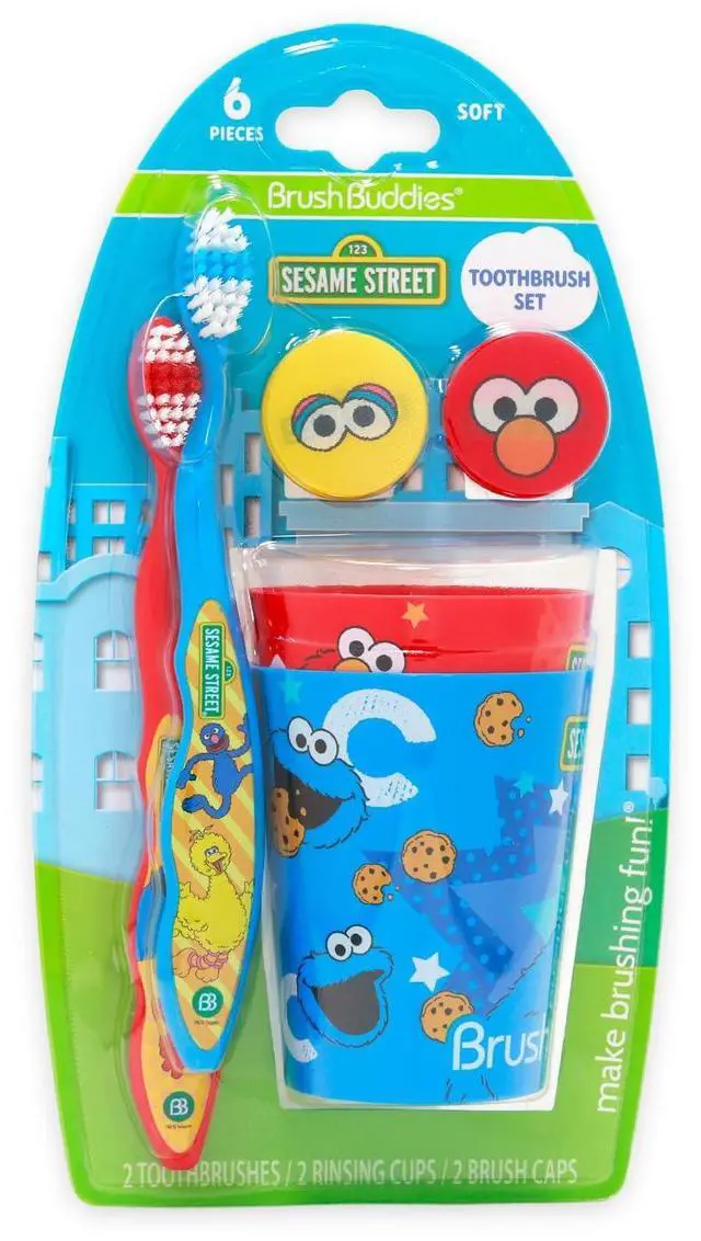Alt view image 4 of 6 - Toothbrush and Cup 2 Pk for Kids - 6 Pc Bundle with Big Bird Toothbrushes, Cookie Monster Cups, Stickers, More for Boys, Girls, Toddlers | Toothbrush Set (Styles May Vary)