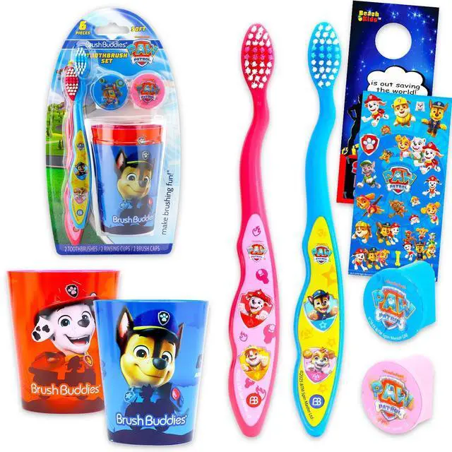 Main image of Toothbrush and Cup Travel Kit for Kids - Bundle with 2 Toothbrushes, 2 Rinsing Cups, 2 Covers, Stickers, and More for Boys, Toddlers | Toothbrush Set (Styles May Vary)