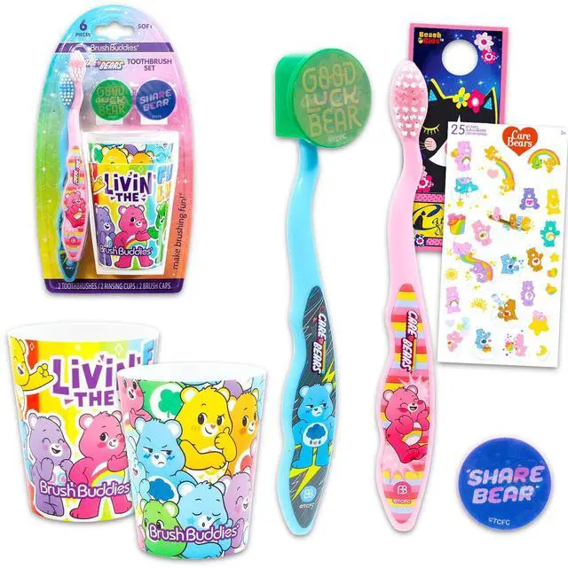 Main image of Toothbrush and Cup Set for Kids - Bundle with 2 Toothbrushes, 2 Cups, Brush Caps, Stickers, More | Dental Care for Girls