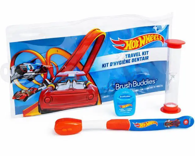 Main image of Hot Wheels Kids Toothbrush Travel Kit, Dental Hygiene Kit with Toothbrush, Tongue Scraper, Floss & 2 Minute Sand Timer, Portable Kids Oral Care Set with Zipper Travel Case.