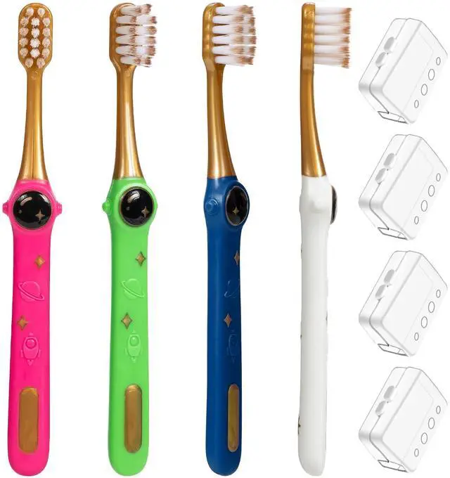 Main image of Toddler Toothbrush, Kids Toothbrush, Galactic Adventures Style, Toddler Age 2-4 and Up, Soft Bristles with Caps, Pack of 4