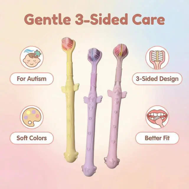 Alt view image 4 of 7 - 3-Sided Toothbrush Set, 7.4 Inch, 360 Degree Cleaning, 3 Pieces Manual Toothbrushes for Sensory and Autism Care, Complete Teeth and Gum Care